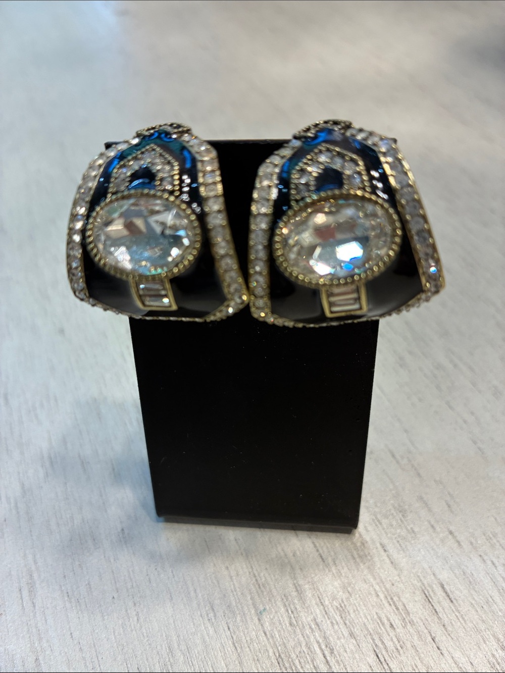 Crystal and Black Enamel Statement Omega Earrings by Heidi Daus.  Pierced ears